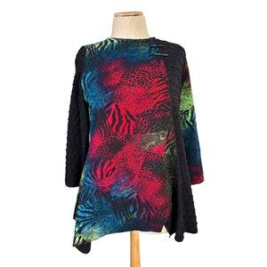 Caleoa Women's Sz M Multicolor Animal Print & Black Textured Asymmetrical Tunic